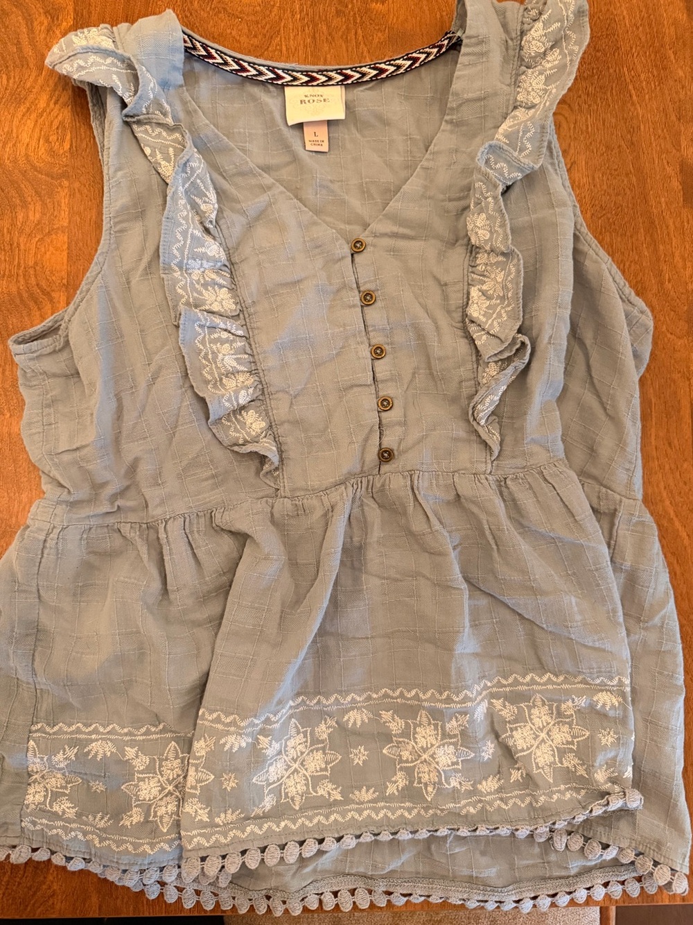 Knox Rose Light Blue Ruffle Button-Front Girls' Dress with Embroidered Hem - Picture 1 of 4